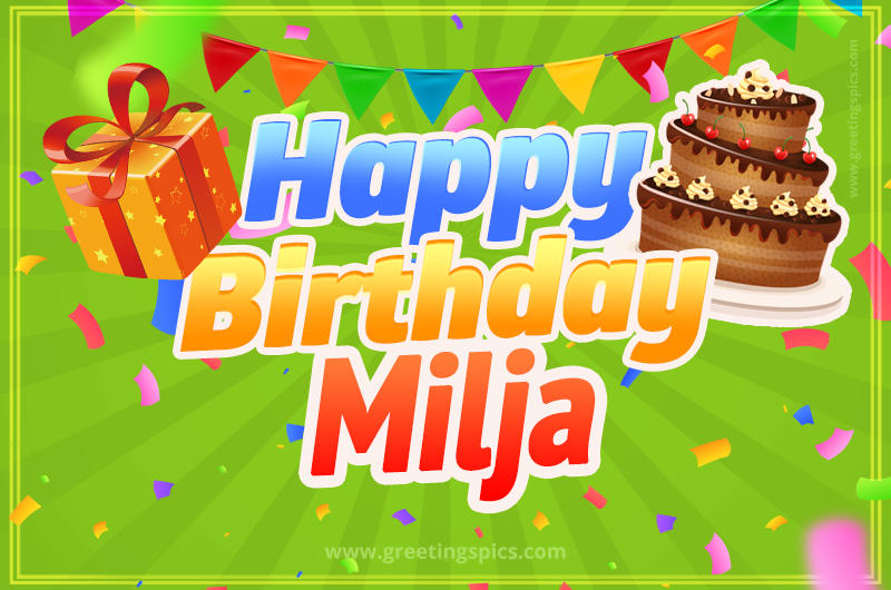 Happy Birthday Milja picture with flags, chocolate cake and gift box