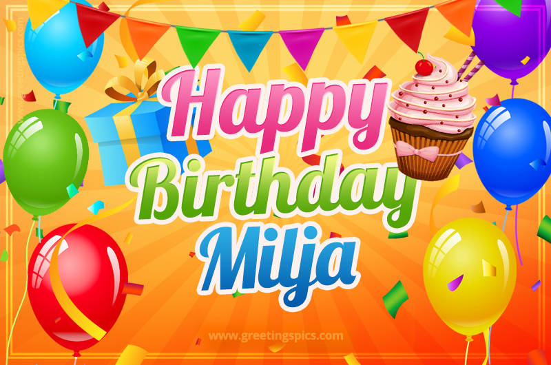 Happy Birthday Milja eCard with gift box and cupcake