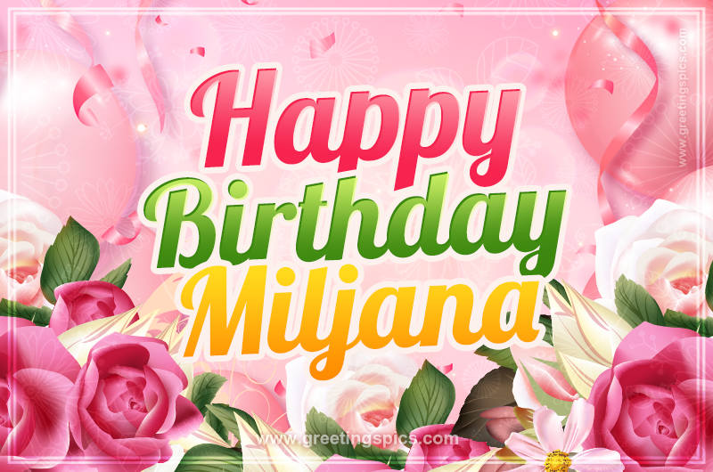 Image with gentle pink background and flowers Happy Birthday Miljana