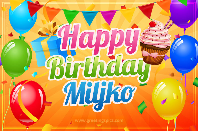 Happy Birthday Miljko eCard with gift box and cupcake