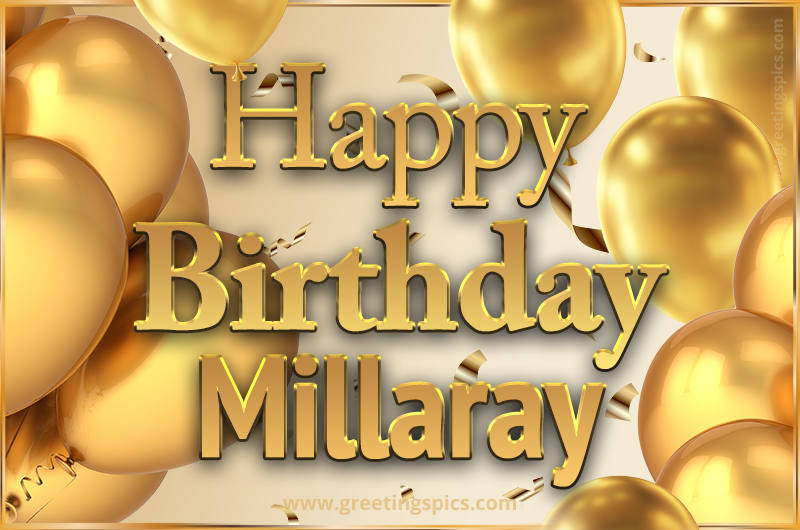 Happy Birthday Millaray Card with golden confetti and balloons