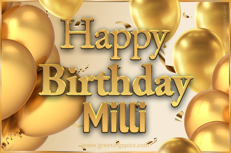 Happy Birthday Milli Card with golden confetti and balloons