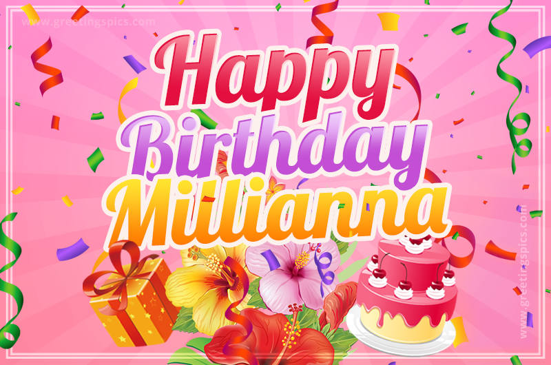 Beautiful Birthday Card for Millianna with Cake and bouquet of flowers