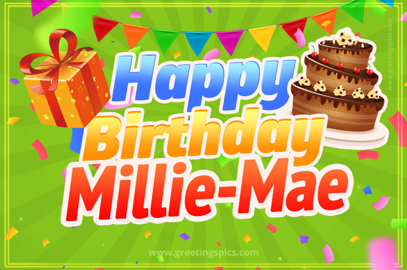 Happy Birthday Millie-Mae picture with flags, chocolate cake and gift box