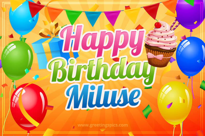 Happy Birthday Miluse eCard with gift box and cupcake