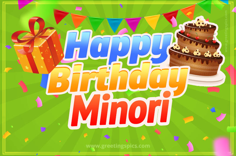 Happy Birthday Minori picture with flags, chocolate cake and gift box