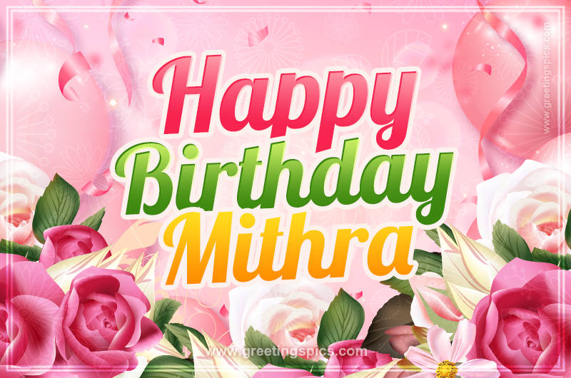 Image with gentle pink background and flowers Happy Birthday Mithra