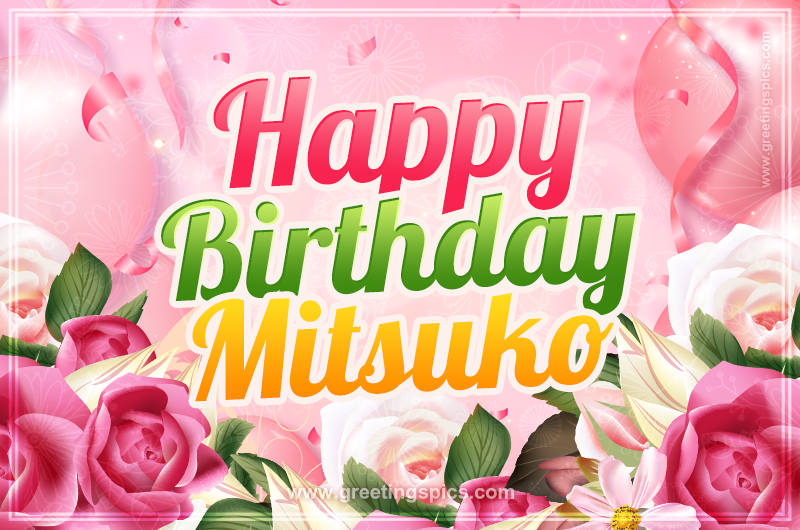 Image with gentle pink background and flowers Happy Birthday Mitsuko