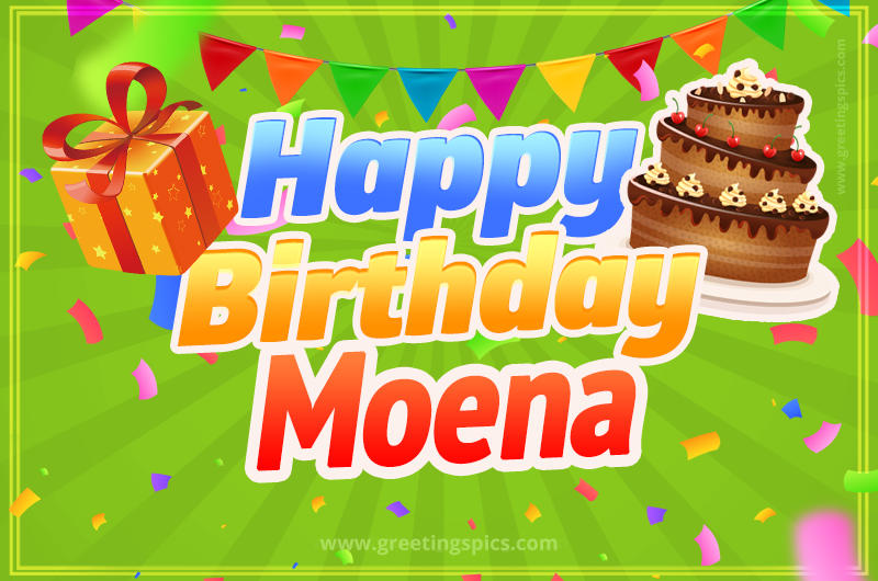 Happy Birthday Moena picture with flags, chocolate cake and gift box