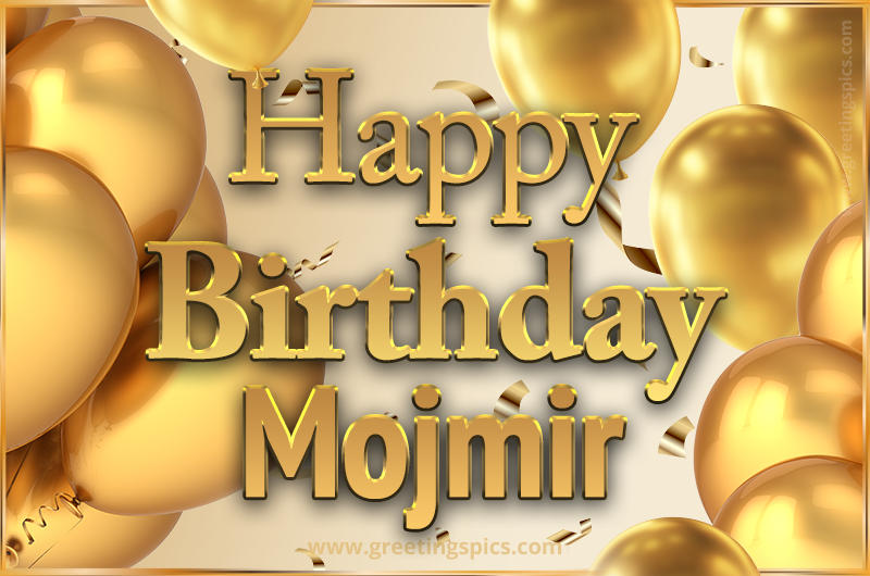 Happy Birthday Mojmir Card with golden confetti and balloons