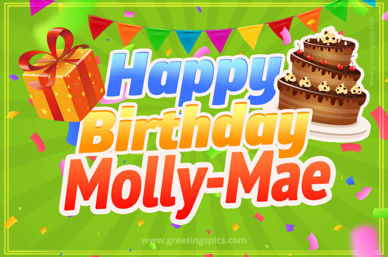 Happy Birthday Molly-Mae picture with flags, chocolate cake and gift box