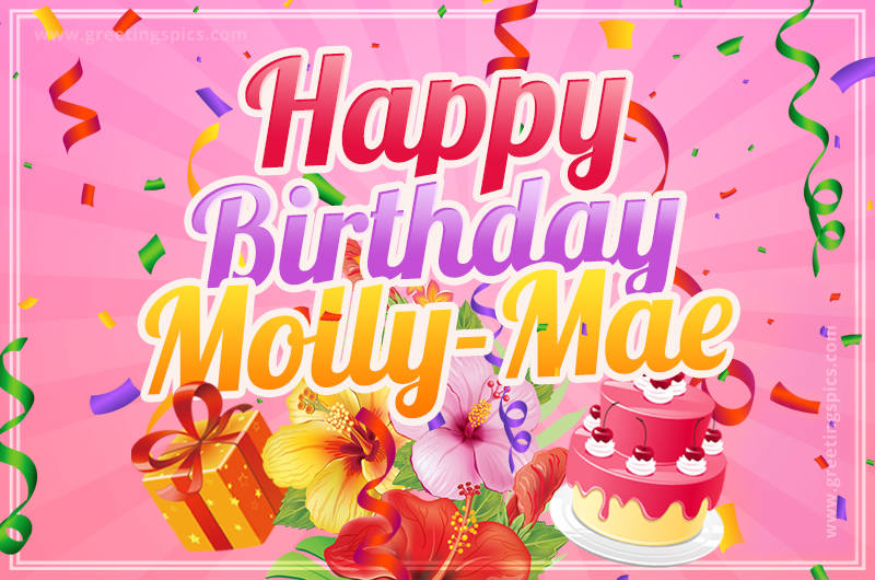 Beautiful Birthday Card for Molly-Mae with Cake and bouquet of flowers