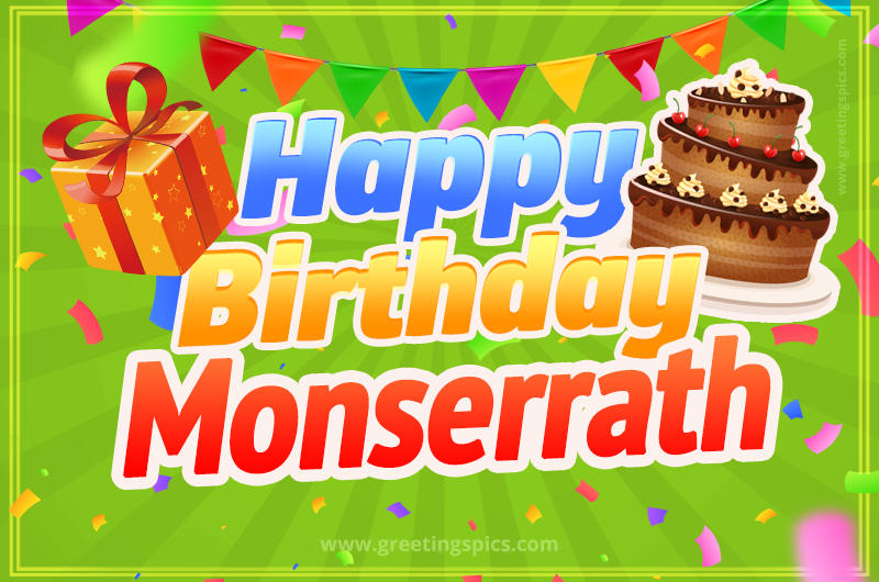 Happy Birthday Monserrath picture with flags, chocolate cake and gift box