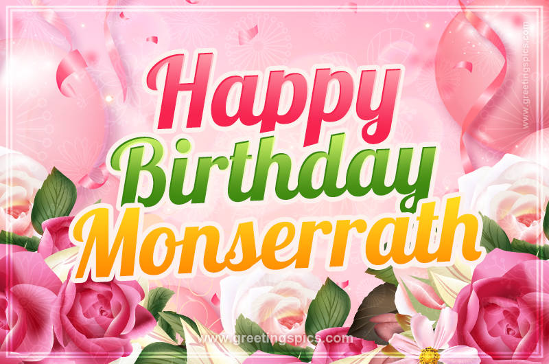 Image with gentle pink background and flowers Happy Birthday Monserrath