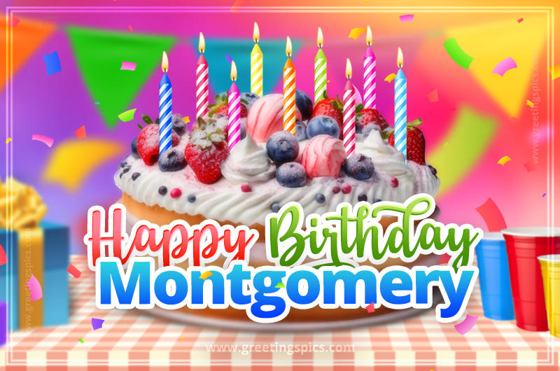 Happy Birthday Montgomery Colorful Image with fruit cake and candles