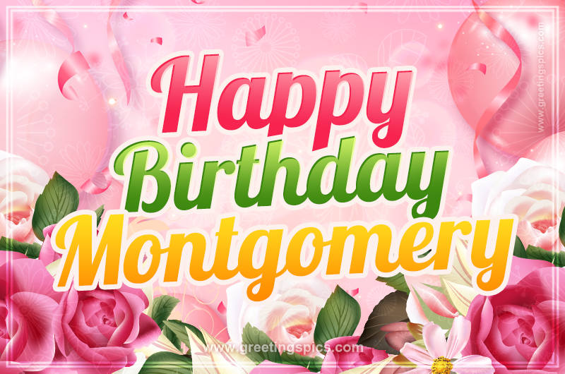 Image with gentle pink background and flowers Happy Birthday Montgomery