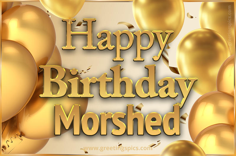 Happy Birthday Morshed Card with golden confetti and balloons