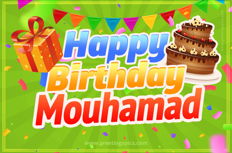 Happy Birthday Mouhamad picture with flags, chocolate cake and gift box