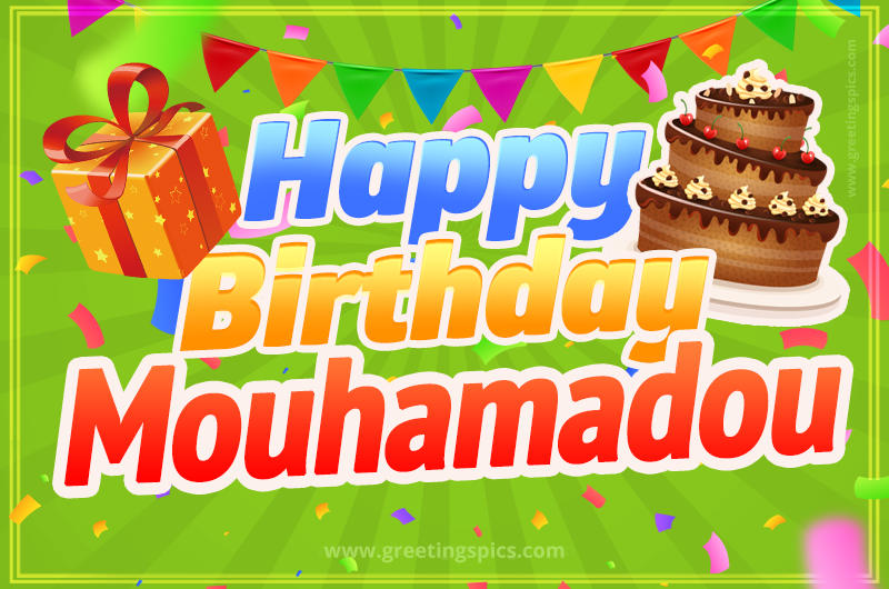 Happy Birthday Mouhamadou picture with flags, chocolate cake and gift box