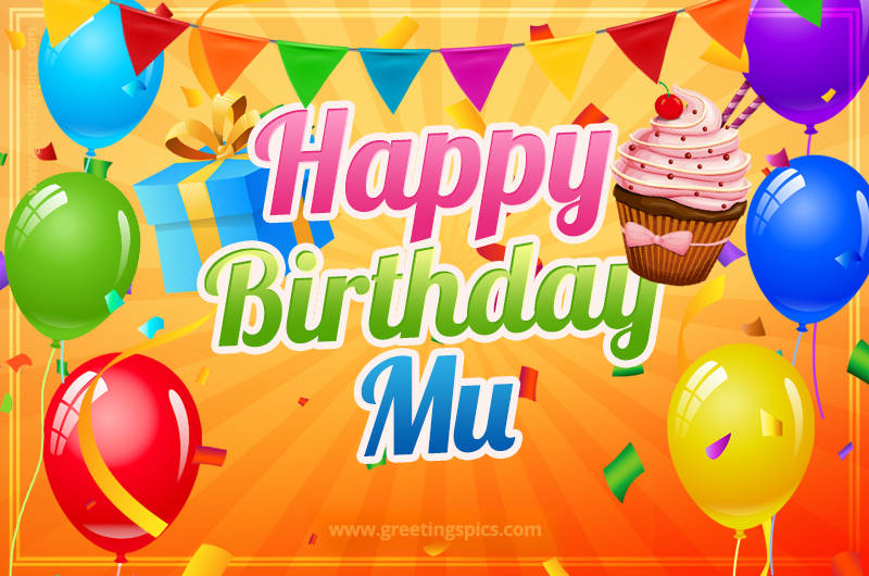 Happy Birthday Mu eCard with gift box and cupcake