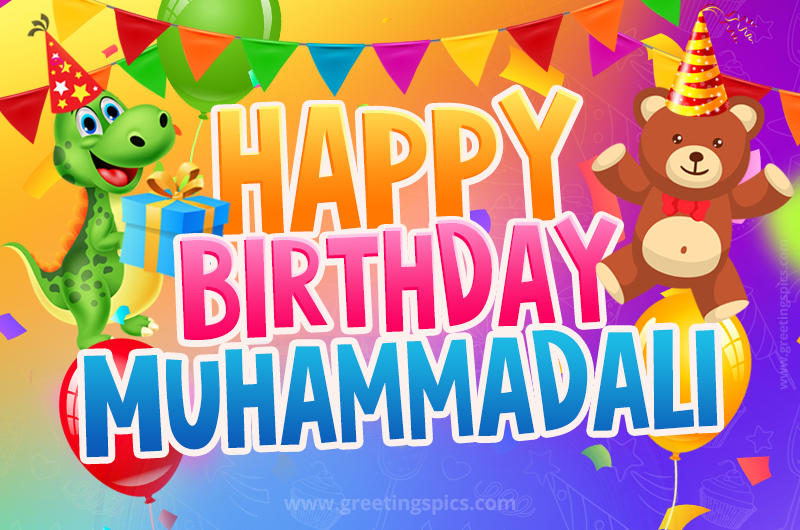 Happy Birthday Muhammadali Image for a child with cute baby dinosaur and bear