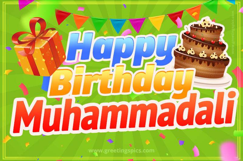 Happy Birthday Muhammadali picture with flags, chocolate cake and gift box