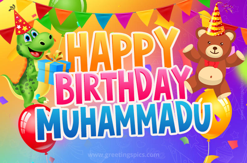 Happy Birthday Muhammadu Image for a child with cute baby dinosaur and bear