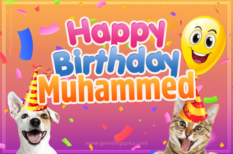 Happy Birthday Muhammed Funny Image with cat and dog