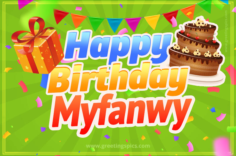 Happy Birthday Myfanwy picture with flags, chocolate cake and gift box