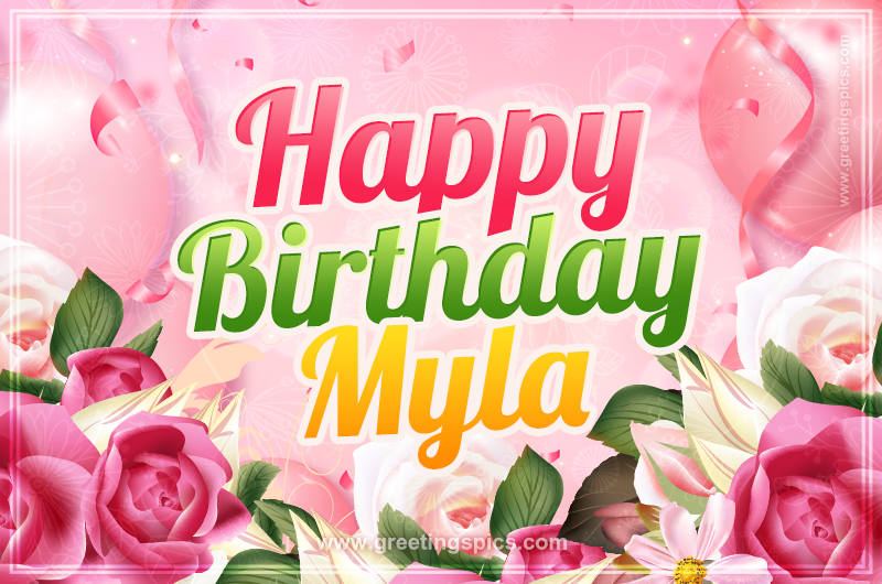 Image with gentle pink background and flowers Happy Birthday Myla