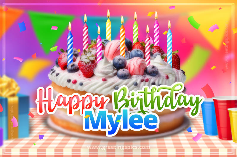 Happy Birthday Mylee Colorful Image with fruit cake and candles