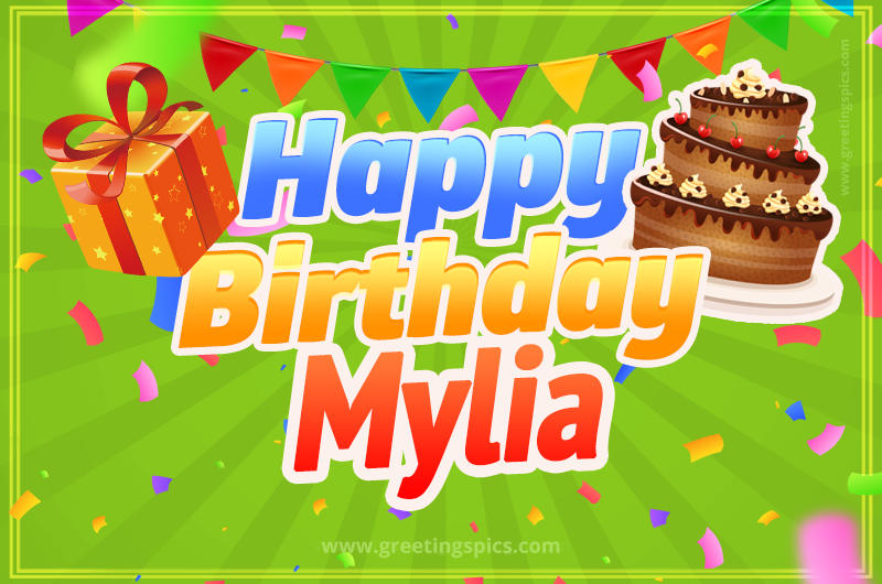 Happy Birthday Mylia picture with flags, chocolate cake and gift box