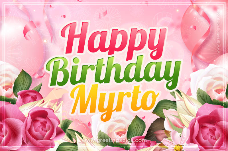 Image with gentle pink background and flowers Happy Birthday Myrto