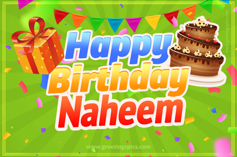 Happy Birthday Naheem picture with flags, chocolate cake and gift box