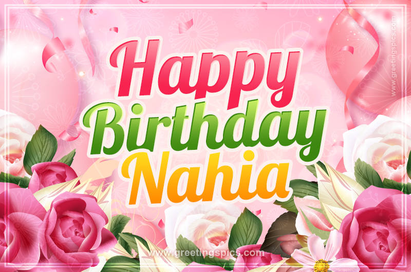 Image with gentle pink background and flowers Happy Birthday Nahia