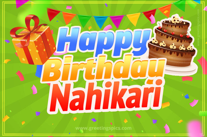 Happy Birthday Nahikari picture with flags, chocolate cake and gift box