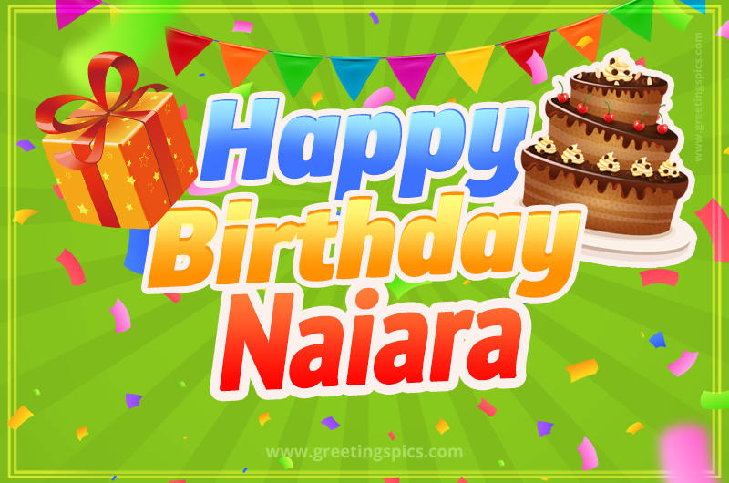 Happy Birthday Naiara picture with flags, chocolate cake and gift box