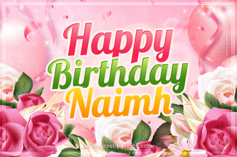 Image with gentle pink background and flowers Happy Birthday Naimh