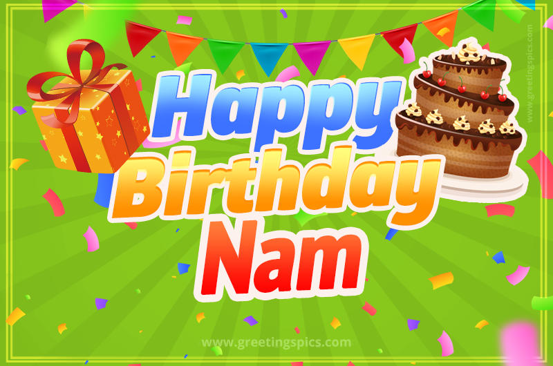 Happy Birthday Nam picture with flags, chocolate cake and gift box