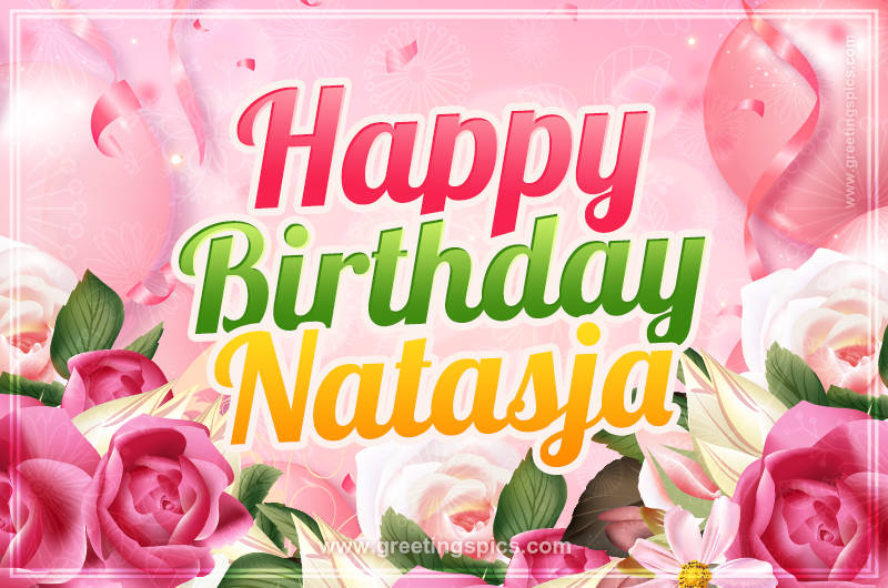 Image with gentle pink background and flowers Happy Birthday Natasja