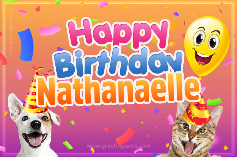 Happy Birthday Nathanaelle Funny Image with cat and dog