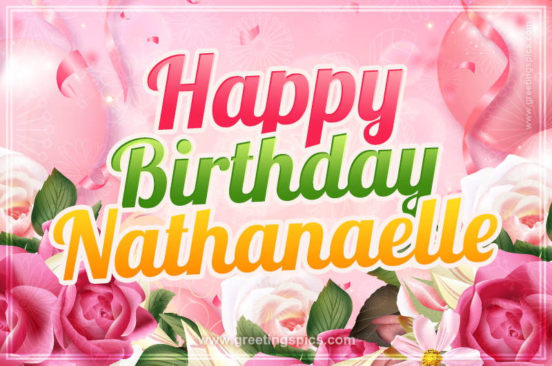 Image with gentle pink background and flowers Happy Birthday Nathanaelle