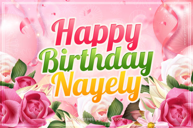 Image with gentle pink background and flowers Happy Birthday Nayely