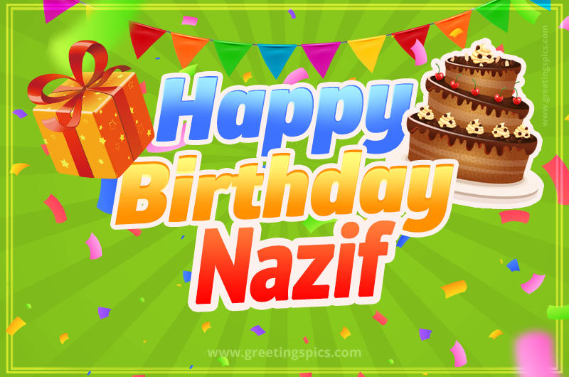 Happy Birthday Nazif picture with flags, chocolate cake and gift box