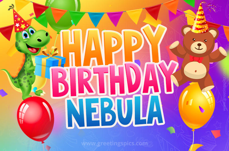 Happy Birthday Nebula Image for a child with cute dinosaur and bear