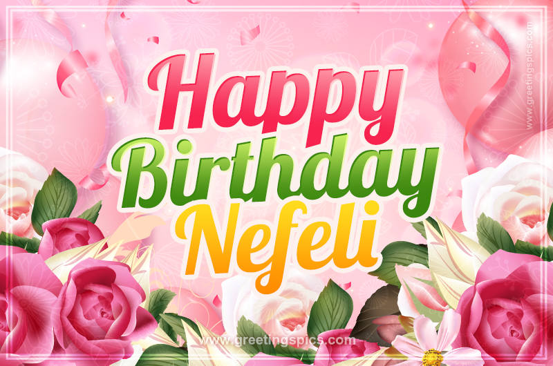 Image with gentle pink background and flowers Happy Birthday Nefeli