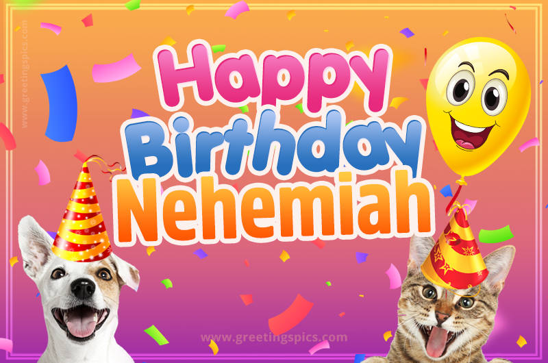 Happy Birthday Nehemiah Funny Image with cat and dog