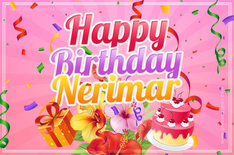 Beautiful Birthday Card for Nerimar with Cake and bouquet of flowers