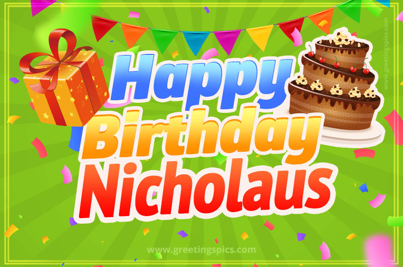 Happy Birthday Nicholaus picture with flags, chocolate cake and gift box