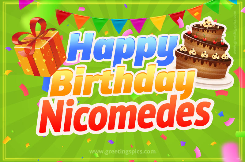 Happy Birthday Nicomedes picture with flags, chocolate cake and gift box